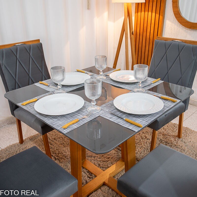 Mesa de Jantar Pedro 90×90 Vidro Grafite/Base Madeira + 4 Cad. Lisboa Veludo Grafite 507 Madeira Art Assento - Entregue Montada - Imagem 2