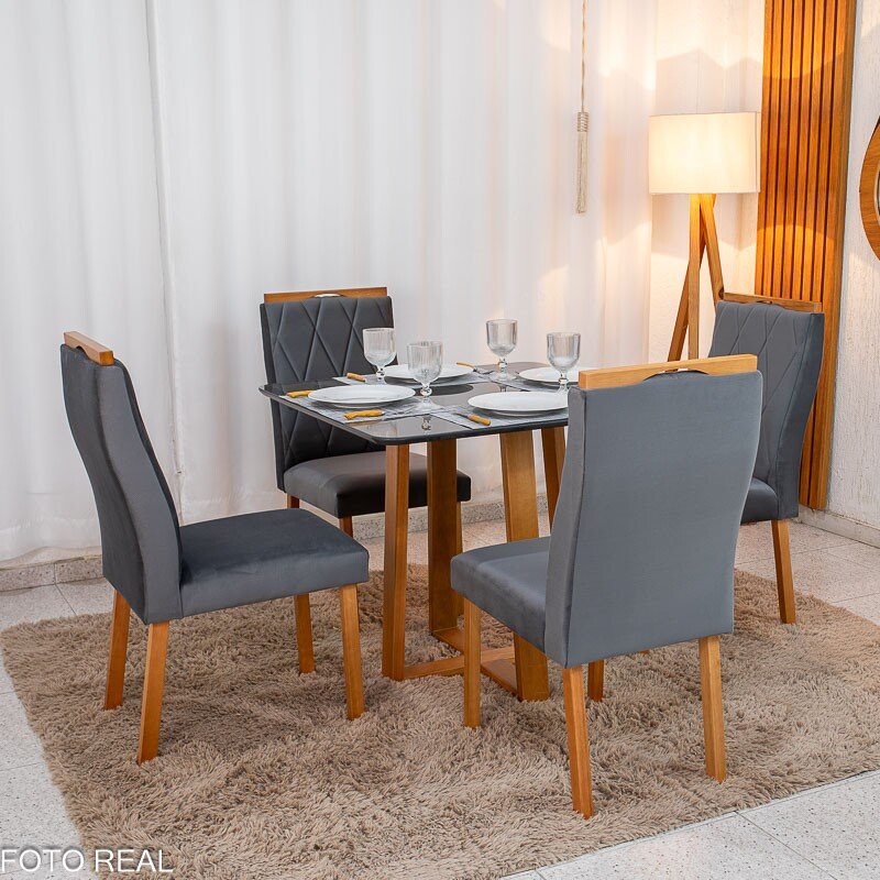 Mesa de Jantar Pedro 90×90 Vidro Grafite/Base Madeira + 4 Cad. Lisboa Veludo Grafite 507 Madeira Art Assento - Entregue Montada - Imagem 3