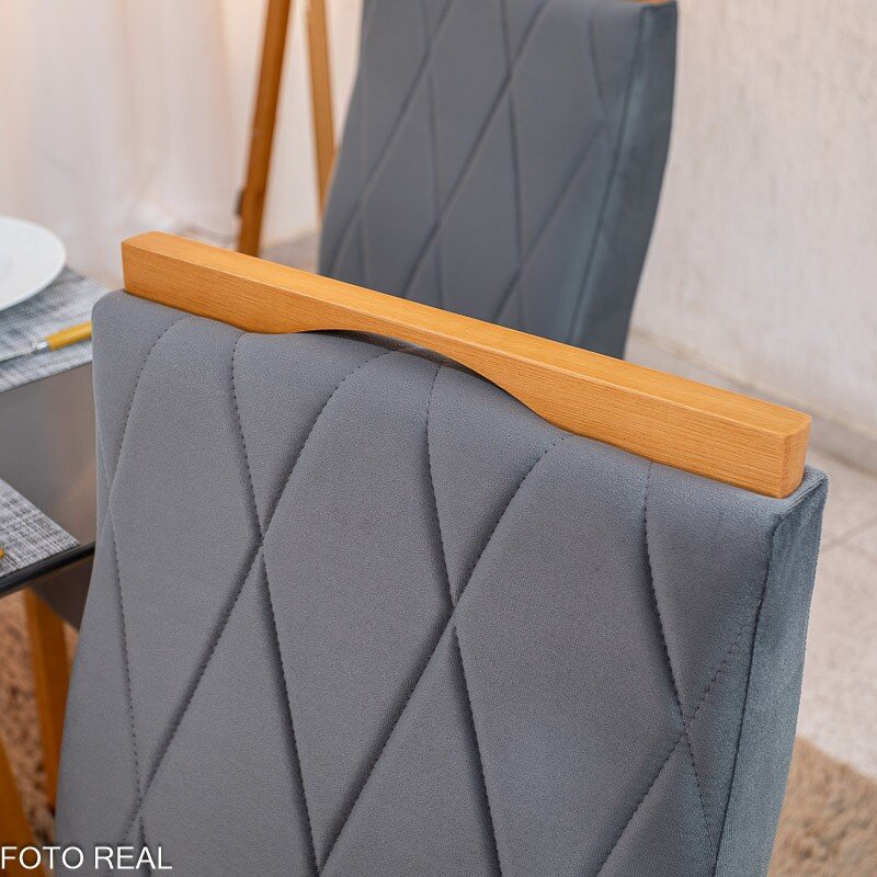 Mesa de Jantar Pedro 90×90 Vidro Grafite/Base Madeira + 4 Cad. Lisboa Veludo Grafite 507 Madeira Art Assento - Entregue Montada - Imagem 5