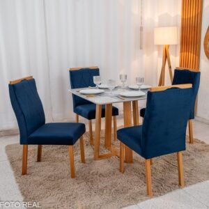Mesa de Jantar Pedro 90x90 Vidro Off/Base Madeira + 4 Cad. Lisboa Veludo Azul 503 Madeira Art Assento - Entregue Montada