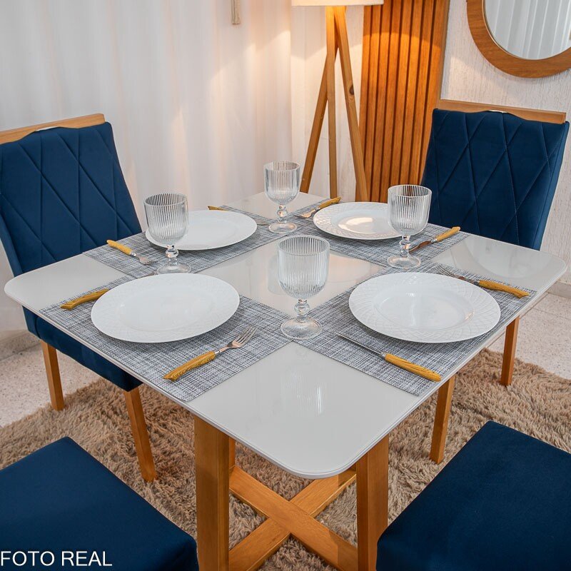 Mesa de Jantar Pedro 90x90 Vidro Off/Base Madeira + 4 Cad. Lisboa Veludo Azul 503 Madeira Art Assento - Entregue Montada - Imagem 2