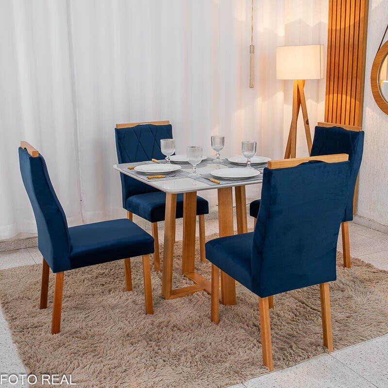Mesa de Jantar Pedro 90x90 Vidro Off/Base Madeira + 4 Cad. Lisboa Veludo Azul 503 Madeira Art Assento - Entregue Montada - Imagem 3