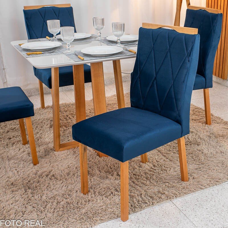 Mesa de Jantar Pedro 90x90 Vidro Off/Base Madeira + 4 Cad. Lisboa Veludo Azul 503 Madeira Art Assento - Entregue Montada - Imagem 4