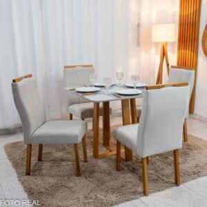 Mesa de Jantar Pedro 90x90 Vidro Off/Base Madeira + 4 Cad. Lisboa Veludo Bege 512 Madeira Art Assento - Entregue Montada