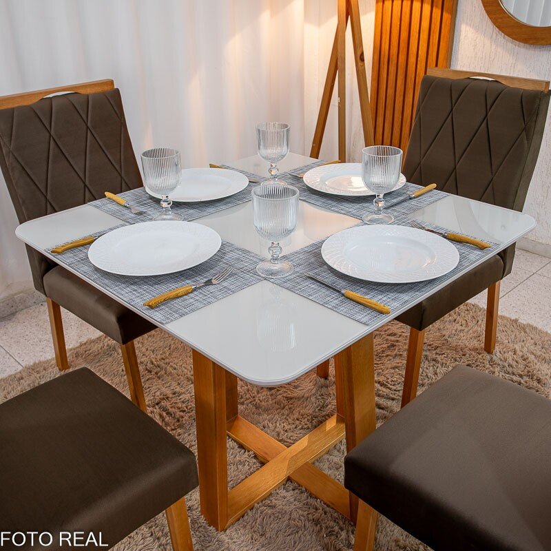 Mesa de Jantar Pedro 90x90 Vidro Off/Base Madeira + 4 Cad. Lisboa Veludo Marrom 509 Madeira Art Assento - Entregue Montada - Imagem 2