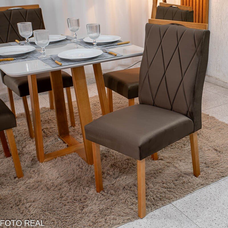 Mesa de Jantar Pedro 90x90 Vidro Off/Base Madeira + 4 Cad. Lisboa Veludo Marrom 509 Madeira Art Assento - Entregue Montada - Imagem 4