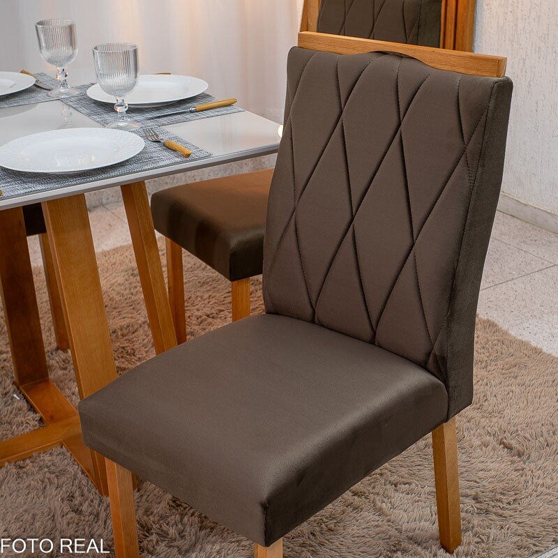 Mesa de Jantar Pedro 90x90 Vidro Off/Base Madeira + 4 Cad. Lisboa Veludo Marrom 509 Madeira Art Assento - Entregue Montada - Imagem 5