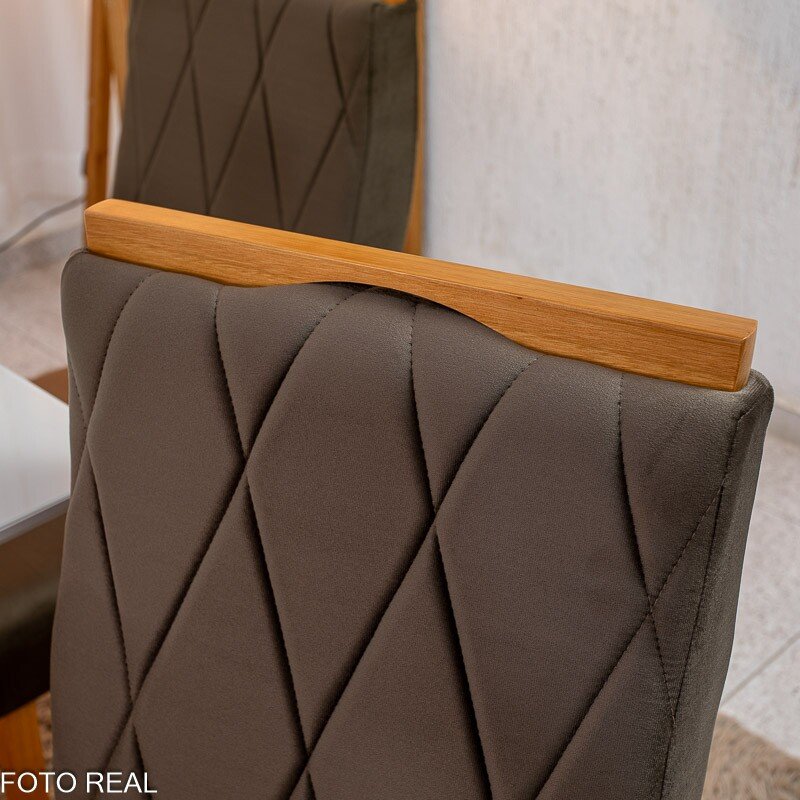 Mesa de Jantar Pedro 90x90 Vidro Off/Base Madeira + 4 Cad. Lisboa Veludo Marrom 509 Madeira Art Assento - Entregue Montada - Imagem 6