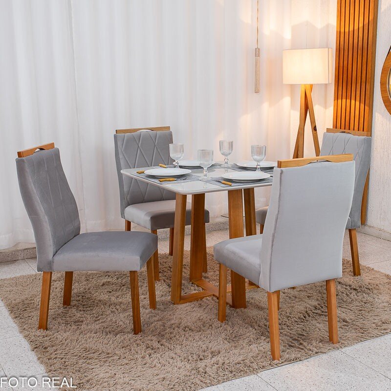 Mesa de Jantar Pedro 90x90 Vidro Off/Base Madeira + 4 Cad. Lisboa Veludo Prata 514 Madeira Art Assento - Entregue Montada