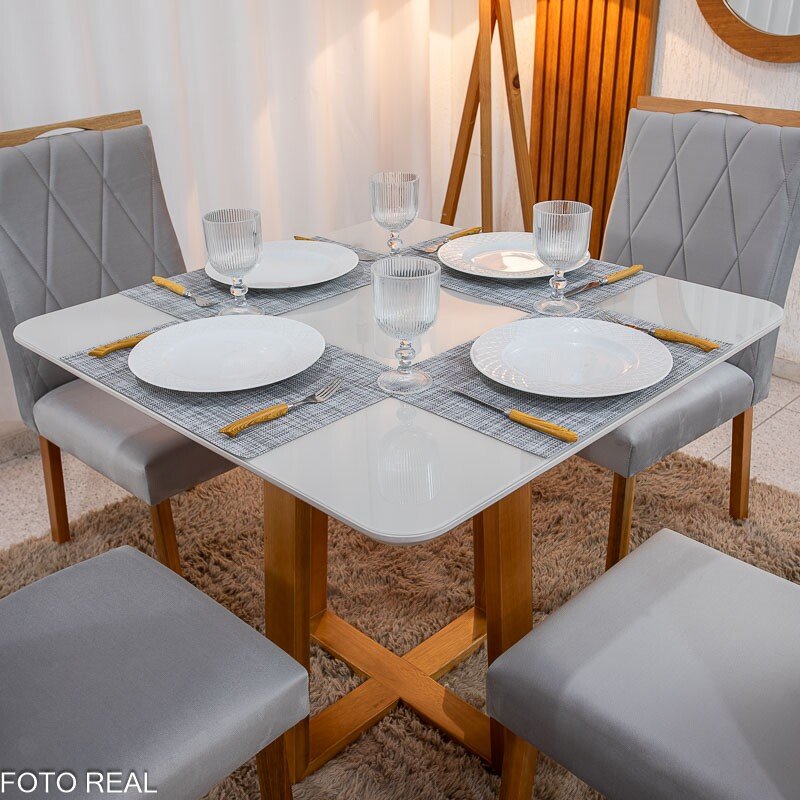 Mesa de Jantar Pedro 90x90 Vidro Off/Base Madeira + 4 Cad. Lisboa Veludo Prata 514 Madeira Art Assento - Entregue Montada - Imagem 2