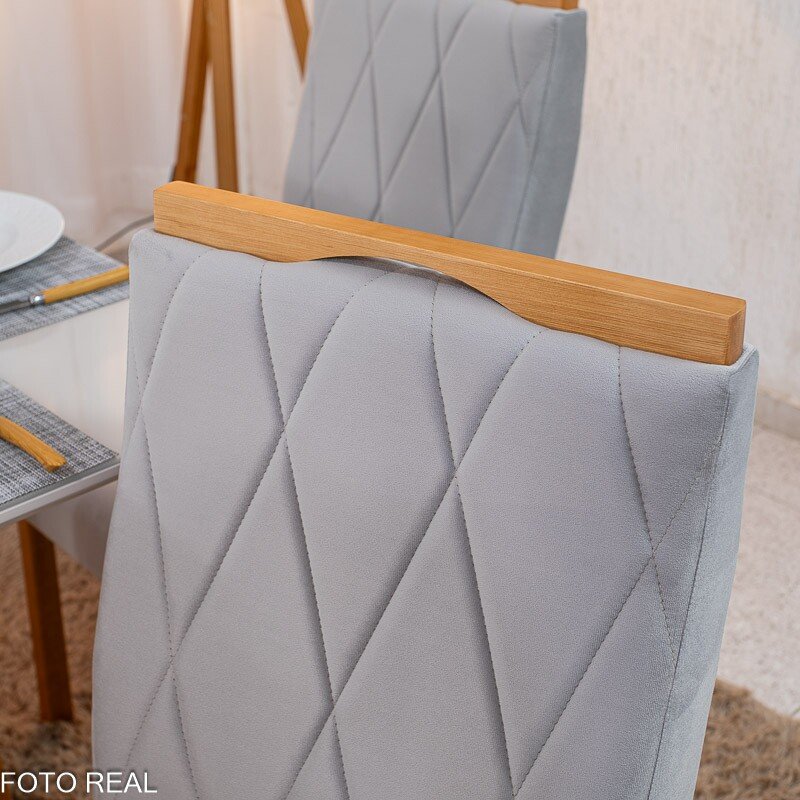 Mesa de Jantar Pedro 90x90 Vidro Off/Base Madeira + 4 Cad. Lisboa Veludo Prata 514 Madeira Art Assento - Entregue Montada - Imagem 6