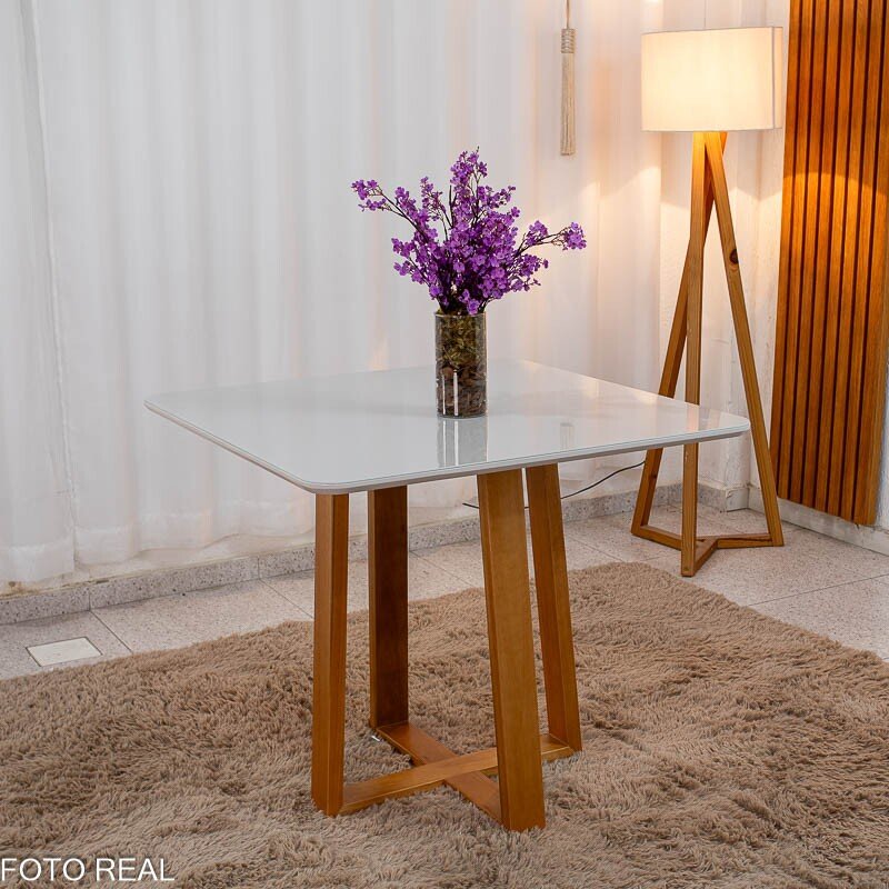 Mesa de Jantar Pedro 90x90 Vidro Off/Base Madeira + 4 Cad. Lisboa Veludo Azul 503 Madeira Art Assento - Entregue Montada - Imagem 7