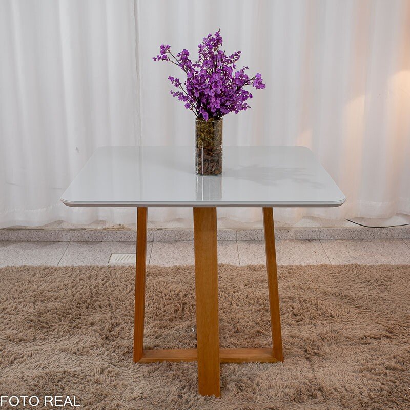 Mesa de Jantar Pedro 90x90 Vidro Off/Base Madeira + 4 Cad. Lisboa Veludo Azul 503 Madeira Art Assento - Entregue Montada - Imagem 8