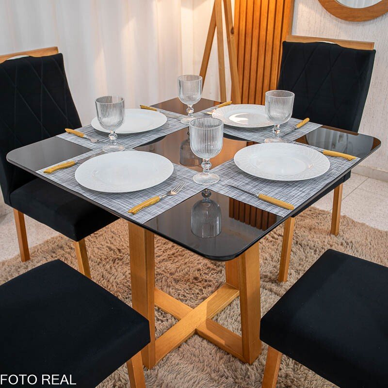 Mesa de Jantar Pedro 90x90 Vidro Preto/Base Madeira + 4 Cad. Lisboa Veludo Preto 504 Madeira Art Assento - Entregue Montada - Imagem 2