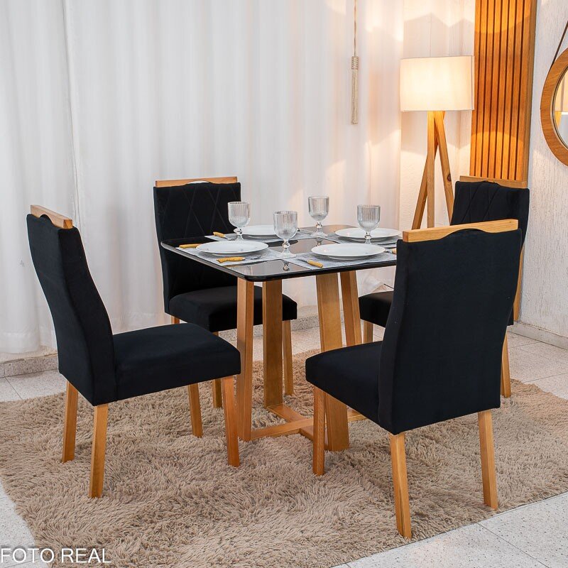 Mesa de Jantar Pedro 90x90 Vidro Preto/Base Madeira + 4 Cad. Lisboa Veludo Preto 504 Madeira Art Assento - Entregue Montada - Imagem 3