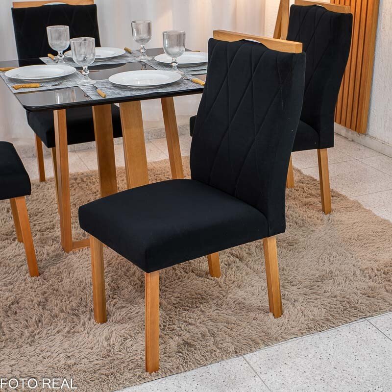 Mesa de Jantar Pedro 90x90 Vidro Preto/Base Madeira + 4 Cad. Lisboa Veludo Preto 504 Madeira Art Assento - Entregue Montada - Imagem 4