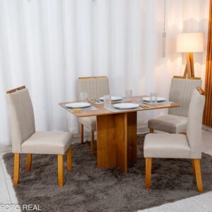 Mesa de Jantar Salina 120x80 Londres Cinamomo Cel + 4 Cad. Atlanta Linho Bege Cru Madeira Minas Plac - Entregue Montada