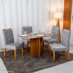 Mesa de Jantar Salina 120x80 Londres Cinamomo Cel + 4 Cad. Londres Veludo Prata Madeira Minas Plac - Entregue Montada