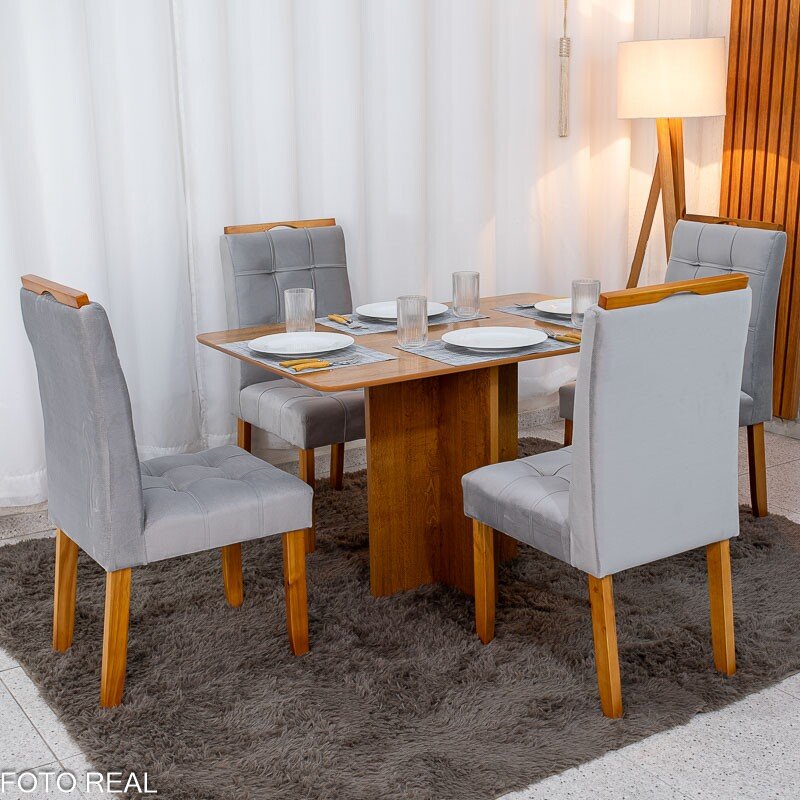 Mesa de Jantar Salina 120x80 Londres Cinamomo Cel + 4 Cad. Londres Veludo Prata Madeira Minas Plac - Entregue Montada - Imagem 3