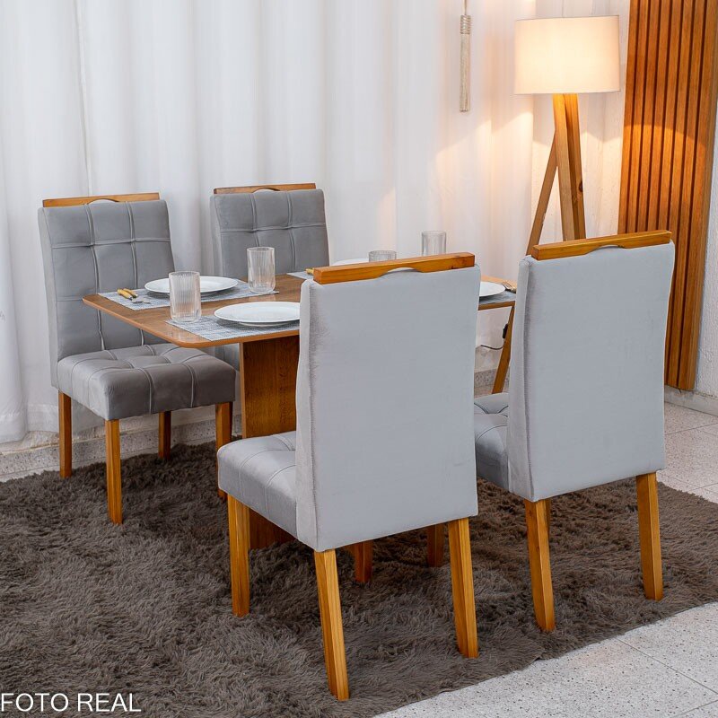 Mesa de Jantar Salina 120x80 Londres Cinamomo Cel + 4 Cad. Londres Veludo Prata Madeira Minas Plac - Entregue Montada - Imagem 4