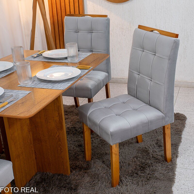Mesa de Jantar Salina 120x80 Londres Cinamomo Cel + 4 Cad. Londres Veludo Prata Madeira Minas Plac - Entregue Montada - Imagem 7