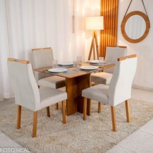 Mesa de Jantar Salina 120x80 Tampo Londres Cinamomo 4 Cadeiras Lisboa Bege 512 Madeira Maciça Art Assento