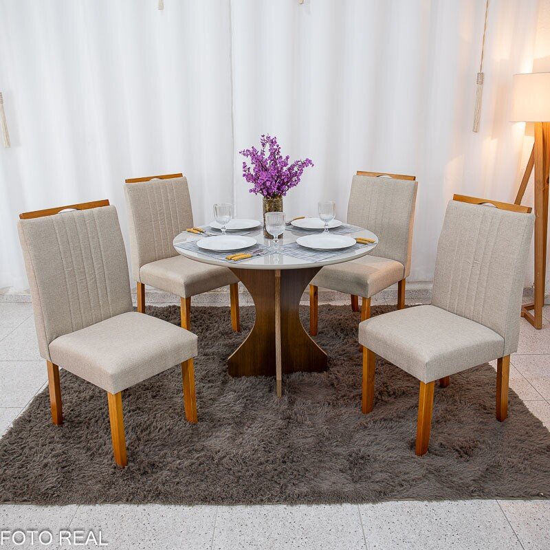 Mesa de Jantar Siena Redonda 100cm Vidro Off/Base Cinamomo + 4 Cad. Atlanta Linho Bege Cru Madeira Minas Plac - Entregue Montada - Imagem 3