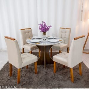 Mesa de Jantar Siena Redonda 100cm Vidro Off/Base Cinamomo + 4 Cad. Londres Veludo Avelã Madeira Minas Plac - Entregue Montada