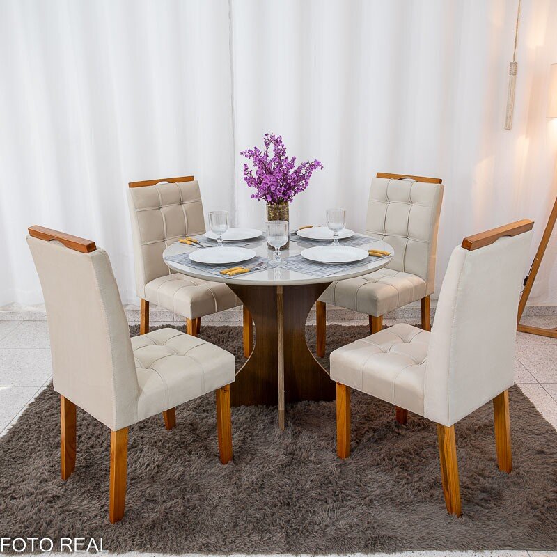 Mesa de Jantar Siena Redonda 100cm Vidro Off/Base Cinamomo + 4 Cad. Londres Veludo Avelã Madeira Minas Plac - Entregue Montada