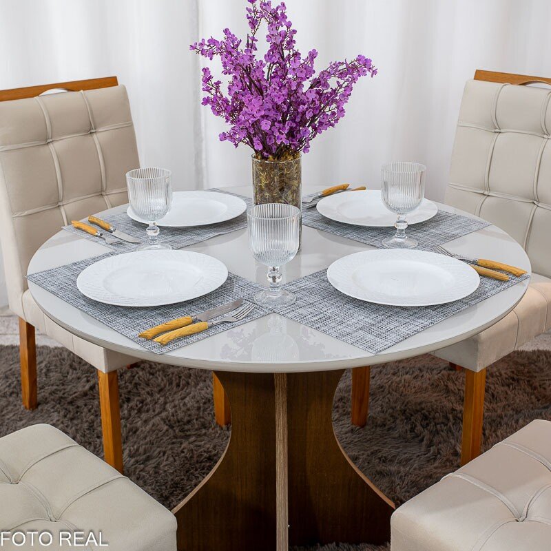 Mesa de Jantar Siena Redonda 100cm Vidro Off/Base Cinamomo + 4 Cad. Londres Veludo Avelã Madeira Minas Plac - Entregue Montada - Imagem 2