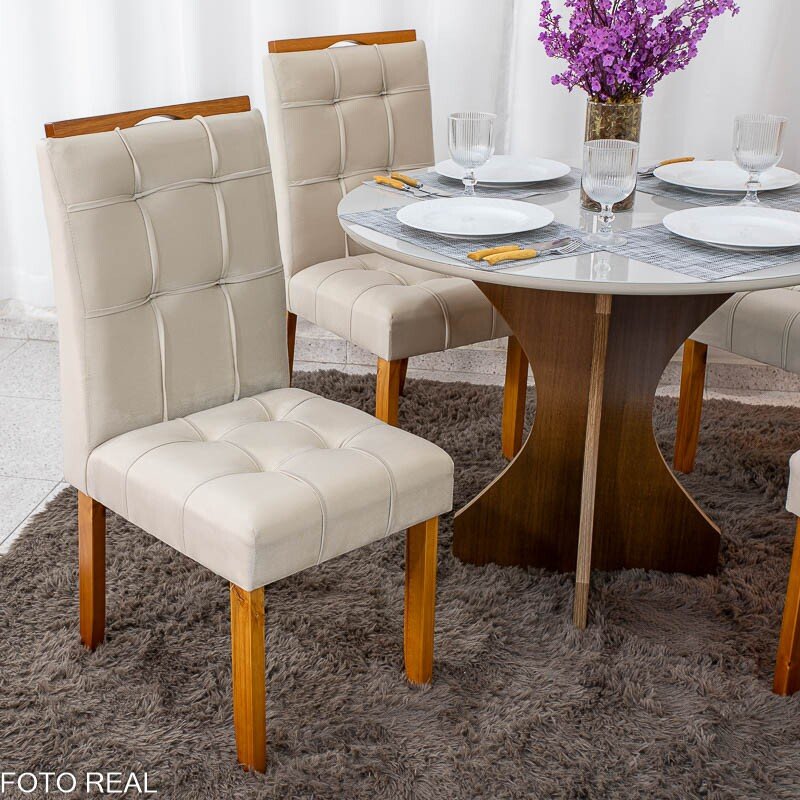 Mesa de Jantar Siena Redonda 100cm Vidro Off/Base Cinamomo + 4 Cad. Londres Veludo Avelã Madeira Minas Plac - Entregue Montada - Imagem 4