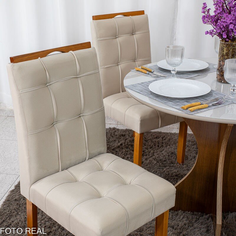 Mesa de Jantar Siena Redonda 100cm Vidro Off/Base Cinamomo + 4 Cad. Londres Veludo Avelã Madeira Minas Plac - Entregue Montada - Imagem 5