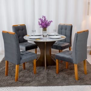 Mesa de Jantar Siena Redonda 100cm Vidro Off/Base Cinamomo + 4 Cad. Londres Veludo Chumbo Madeira Minas Plac - Entregue Montad