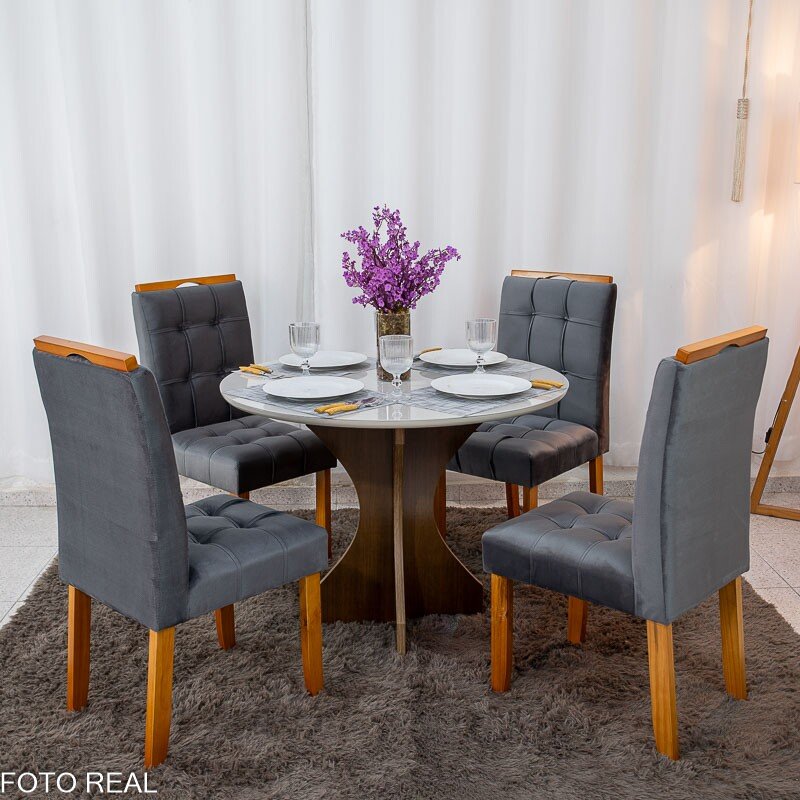 Mesa de Jantar Siena Redonda 100cm Vidro Off/Base Cinamomo + 4 Cad. Londres Veludo Chumbo Madeira Minas Plac - Entregue Montad - Imagem 3