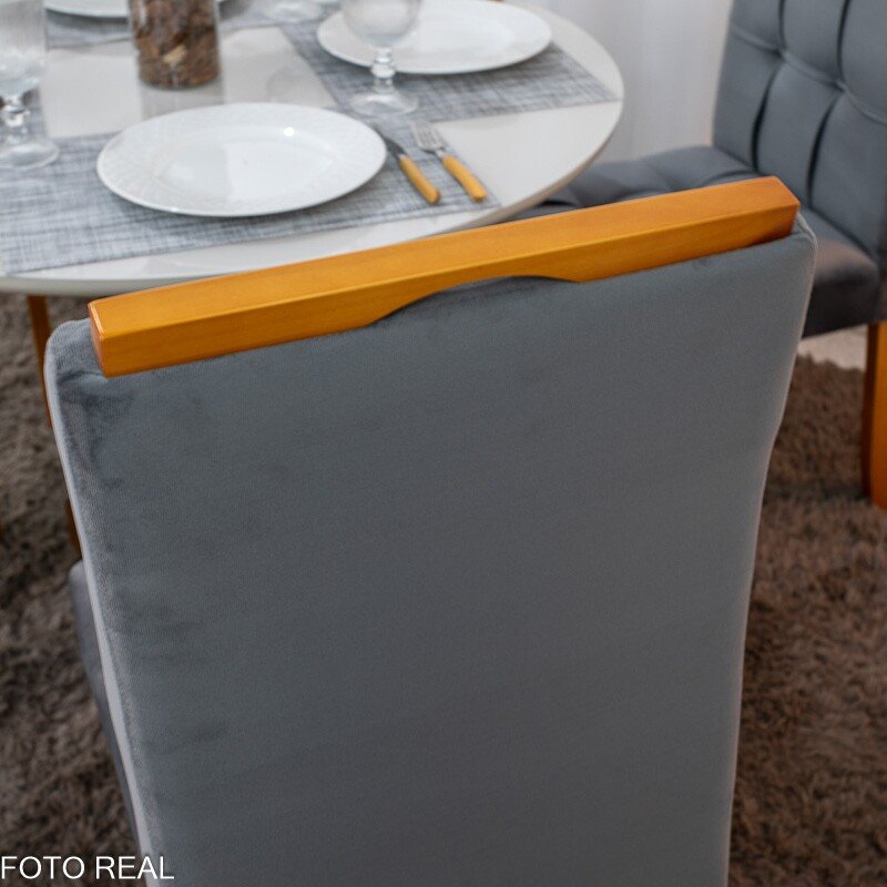Mesa de Jantar Siena Redonda 100cm Vidro Off/Base Cinamomo + 4 Cad. Londres Veludo Chumbo Madeira Minas Plac - Entregue Montad - Imagem 7