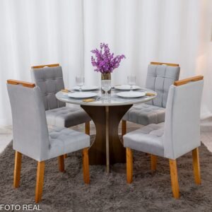 Mesa de Jantar Siena Redonda 100cm Vidro Off/Base Cinamomo + 4 Cad. Londres Veludo Prata Madeira Minas Plac - Entregue Montada