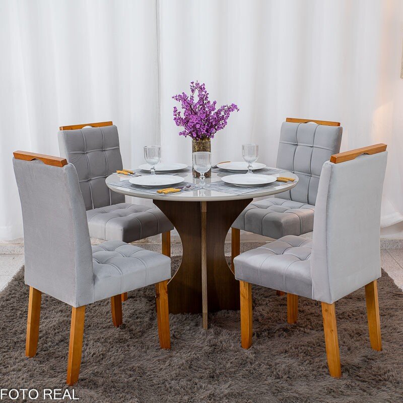 Mesa de Jantar Siena Redonda 100cm Vidro Off/Base Cinamomo + 4 Cad. Londres Veludo Prata Madeira Minas Plac - Entregue Montada
