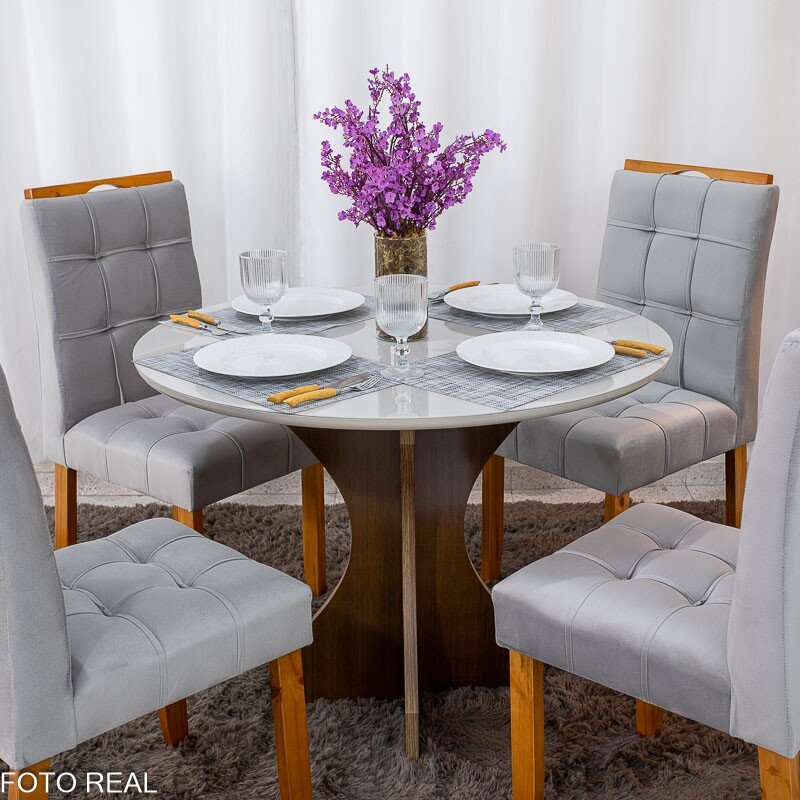 Mesa de Jantar Siena Redonda 100cm Vidro Off/Base Cinamomo + 4 Cad. Londres Veludo Prata Madeira Minas Plac - Entregue Montada - Imagem 4