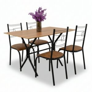 Mesa Paraty Base Cabo Frio Preto Tampo Madeirado 120×75 4 Cadeiras Paraty Assento Marrom - Teixeira