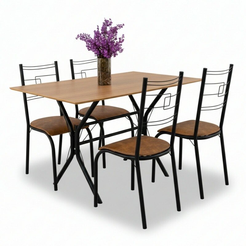 Mesa Paraty Base Cabo Frio Preto Tampo Madeirado 120×75 4 Cadeiras Paraty Assento Marrom - Teixeira