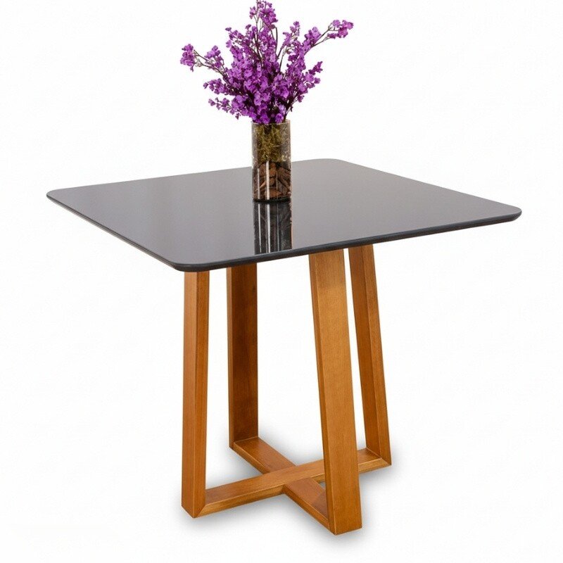 Mesa de Jantar Pedro 90×90 Vidro Grafite/Base Madeira + 4 Cad. Lisboa Veludo Grafite 507 Madeira Art Assento - Entregue Montada - Imagem 6