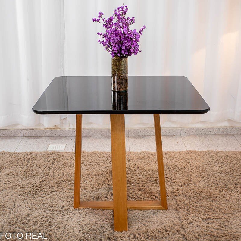 Mesa de Jantar Pedro 90x90 Vidro Preto/Base Madeira + 4 Cad. Lisboa Veludo Preto 504 Madeira Art Assento - Entregue Montada - Imagem 8