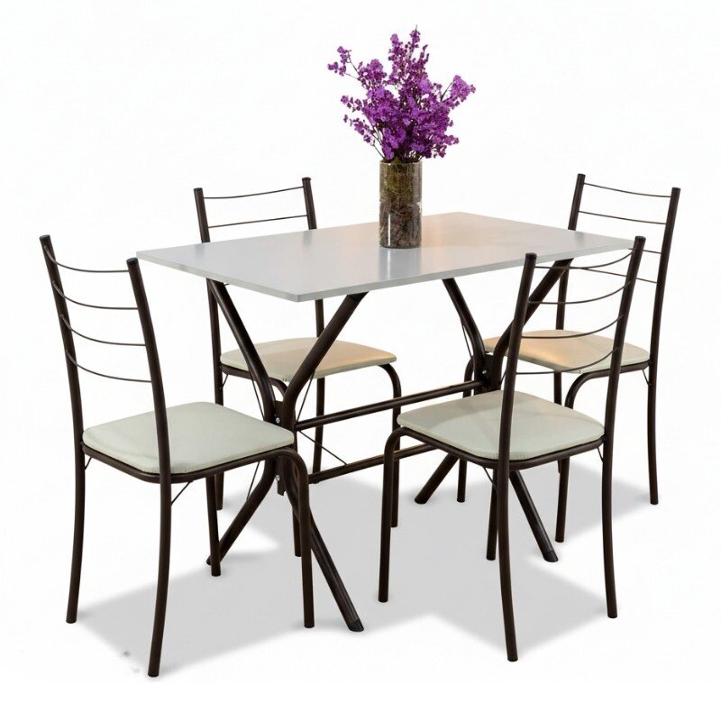 Mesa Rio Base Cabo Frio Marrom Tampo Pedra Off 100x60 4 Cadeiras Assento Creme - Teixeira