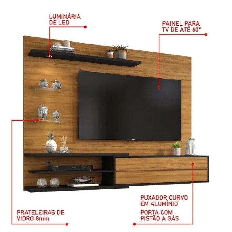 Painel NT 1115 Larg. 1.80m Freijó/Preto C/ Led para TV até 60"- Notável - Imagem 6