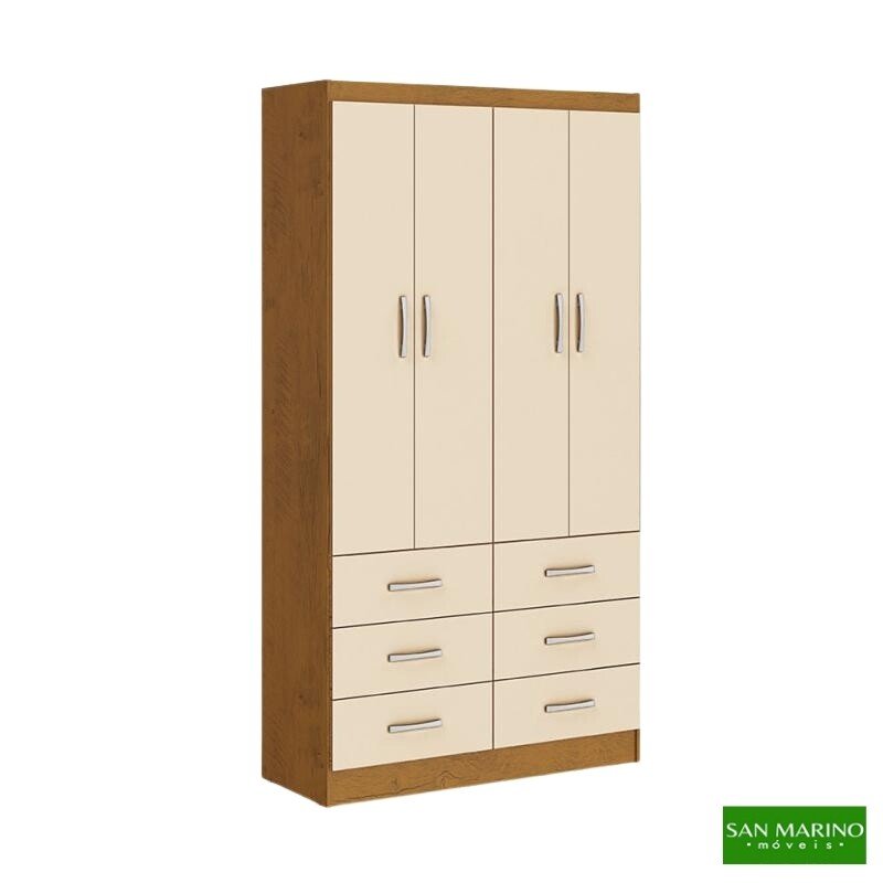 Roupeiro Nápoles Larg. 0.93m Noce TX/Pérola 4 Portas 6 Gavetas - San Marino