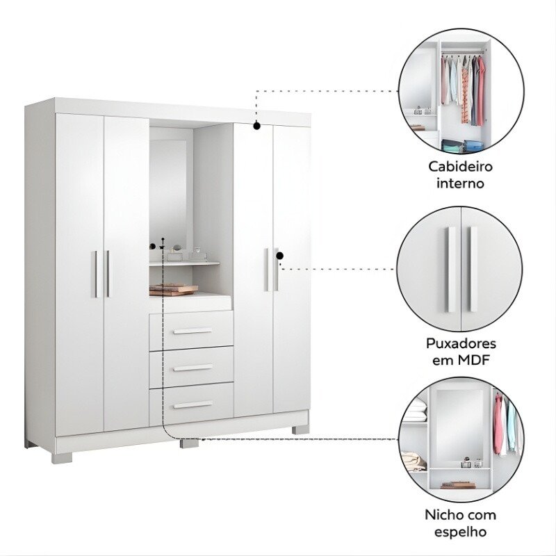 Roupeiro Solteiro NT 5015 Larg. 1.61m Branco/Rosa 4 portas 3 Gavetas Flex C/Pés - Notável - Imagem 5