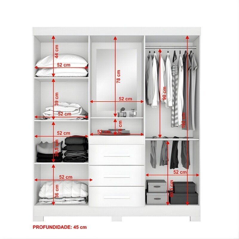 Roupeiro Solteiro NT 5015 Larg. 1.61m Branco/Rosa 4 portas 3 Gavetas Flex C/Pés - Notável - Imagem 6