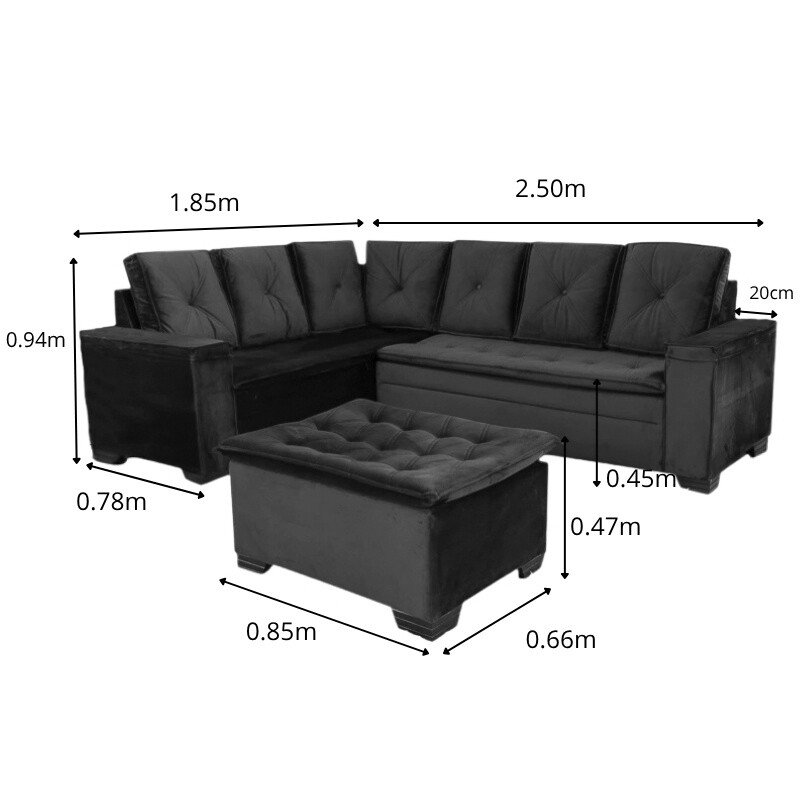 Sofá Canto 5 lugares com Puff Alemanha Veludo Grafite A15 - Imagem 11