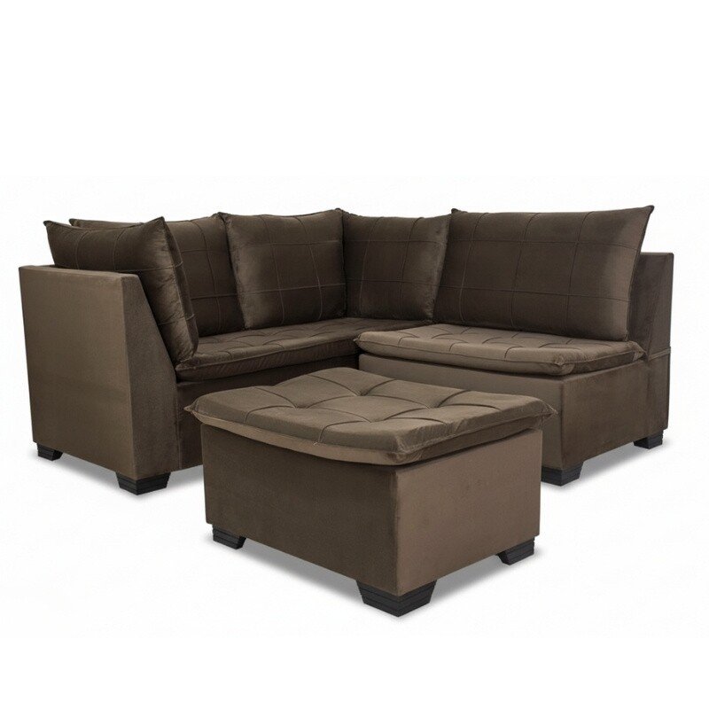 Sofá Canto 5 lugares com Puff Viena Veludo Marrom A17 - Imagem 4