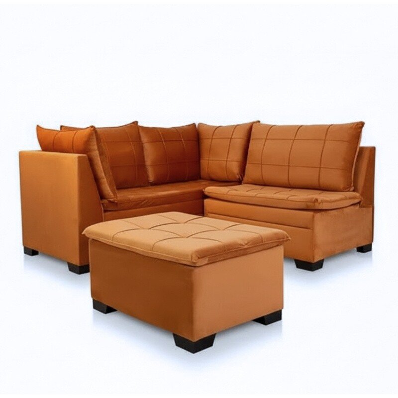 Sofá Canto 5 lugares com Puff Viena Veludo Terracota A62